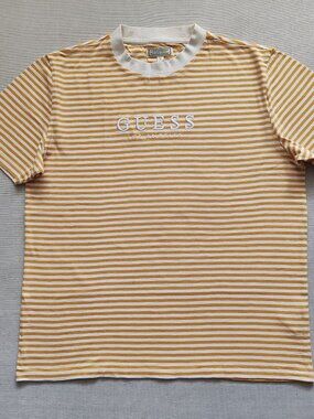 VTG GUESS Originals Striped T-Shirt Men’s Medium Yellow White Embroidered